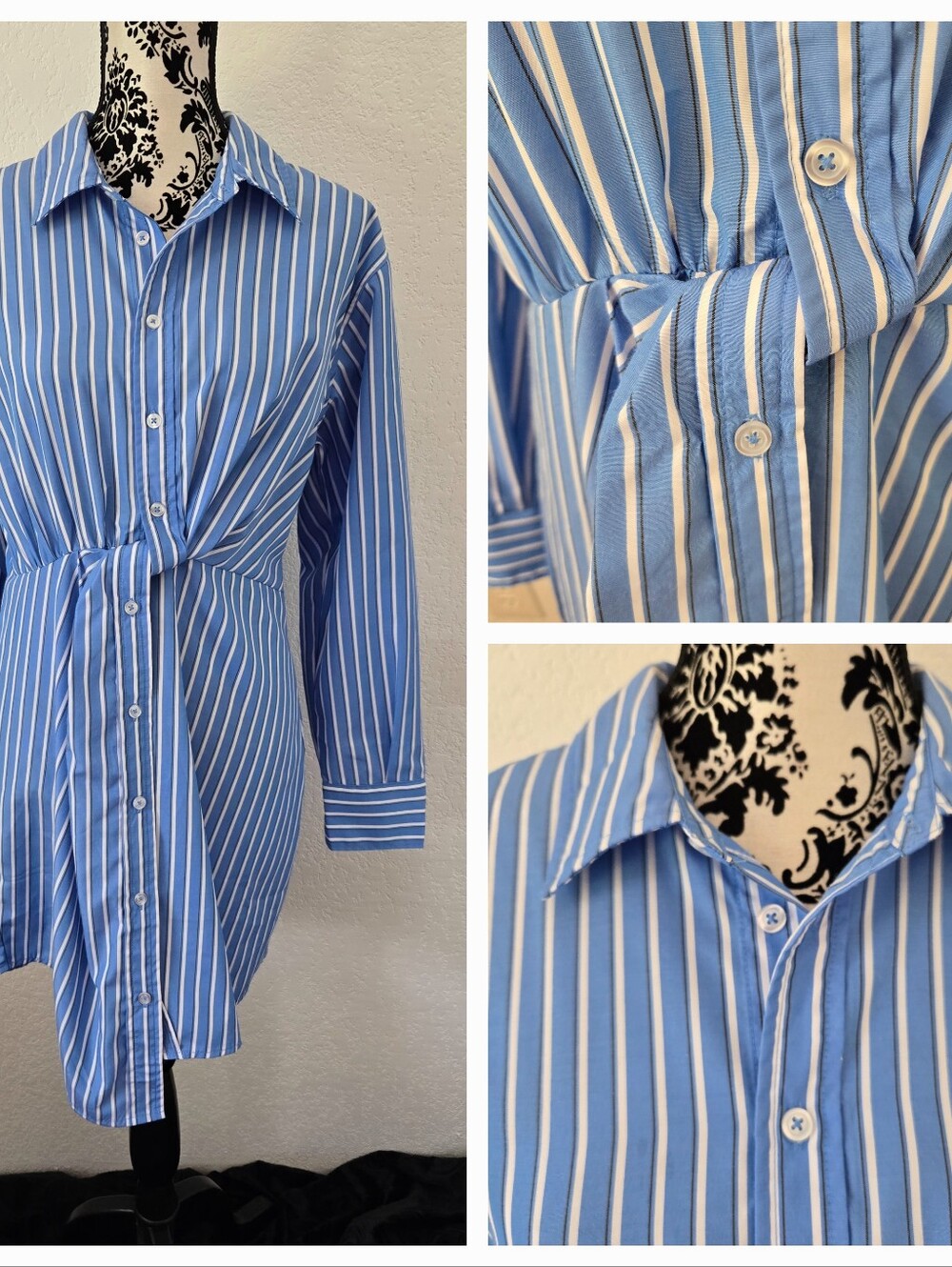 Steve Madden Blue and White Striped Midi Shirt Dress with Knot